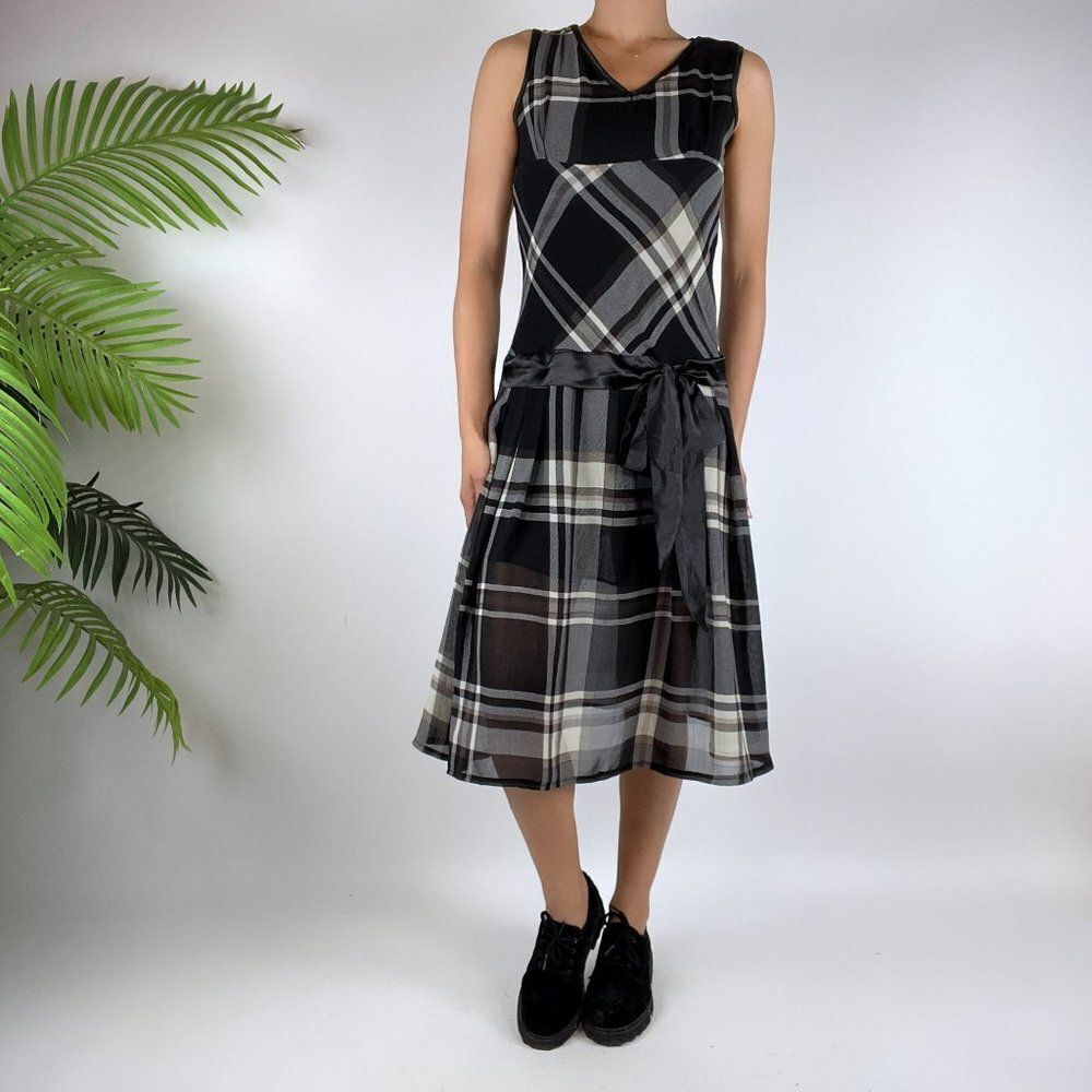 Vintage Y2k Dark Coquette Black Plaid Sheer Tie Sleeveless Midi Dress / Size: S